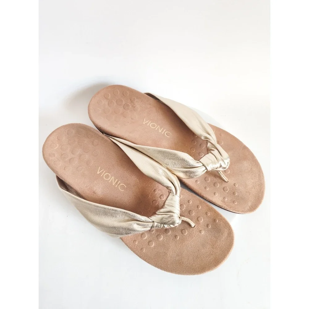 Vionic Pippa Sandals 10 Gold Leather Knotted Orthotic Thong Flip Flops Comfort